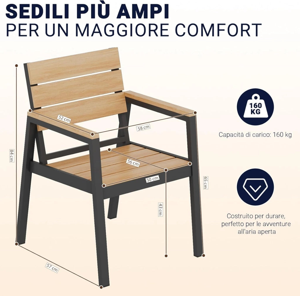 Sedie da Giardino Set di 4, Sedie da Esterno Alluminio Resistenti e Impermeabili con Finitura a Vena di Legno, Seduta di Dimensione Maggiorata che Supporta 160 kg, Facili da Pulire, Naturale