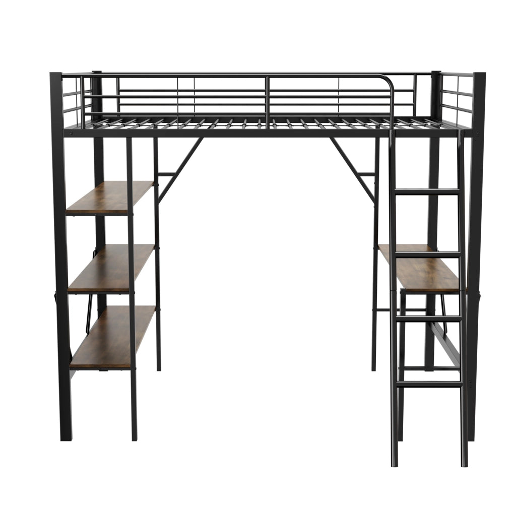 Letto a soppalco 90x200 cm con scrivania e 3 ripiani; metallo; nero