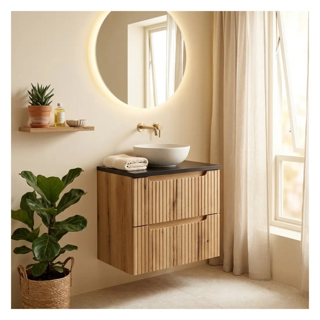 Set da bagno sospeso VANO in rovere chiaro e nero 60cm: mobile sotto lavabo con cassetti + piano per lavabo