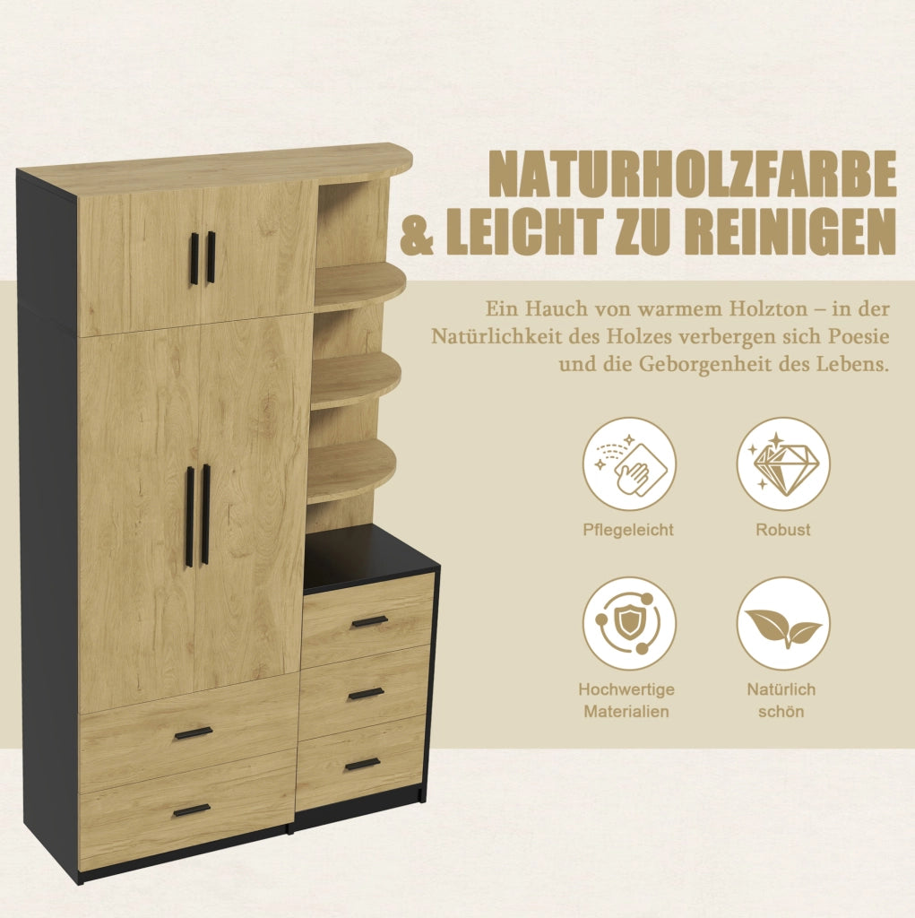 Armadio con 5 cassetti e barra appendiabiti 110 x 40 x 186 cm; naturale e nero