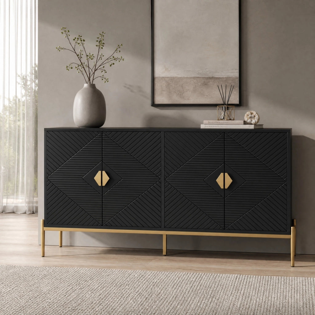Credenza 4 ante 162x40x80 cm in MDF e truciolare con gambe in metallo; nera