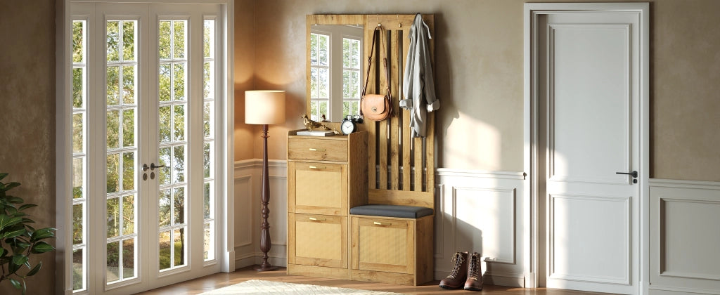 Mobile da ingresso con specchio, panca imbottita, ganci e vani ribaltabili, in MDF naturale, 99,5 × 26 × 180 cm