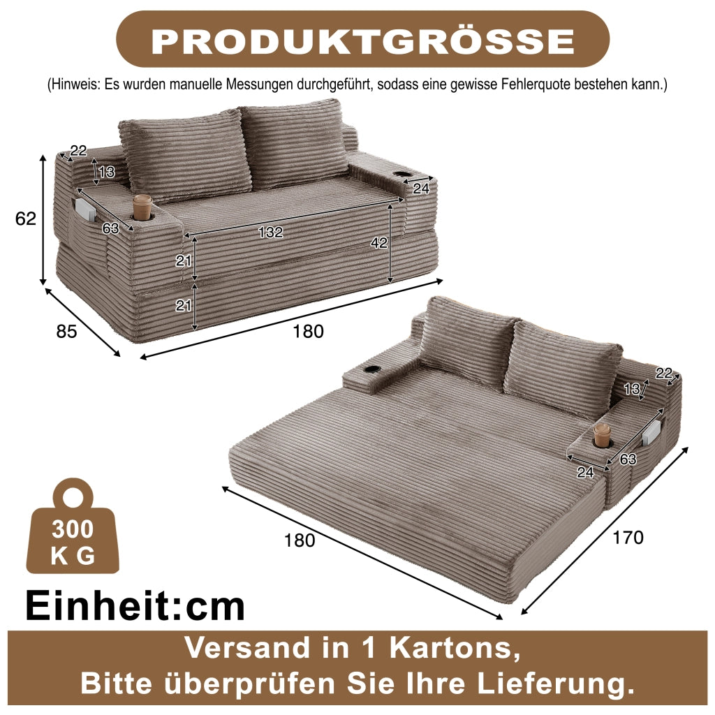 Divano letto 2 in 1 in velluto a coste marrone con portabevande laterali