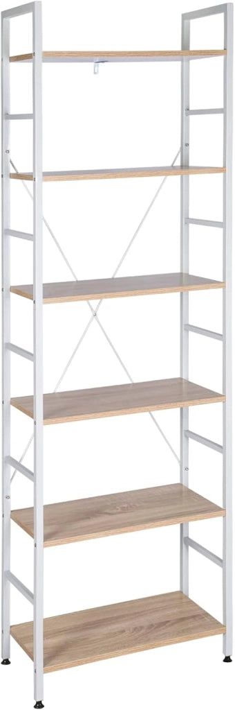 Scaffale per Libri a 6 Piani, Libreria in piedi con Struttura in Metallo per Soggiorno/Camera da Letto/Studio, 60x27,5x180cm, Rovere Chiaro+Bianco, RGB9307whe