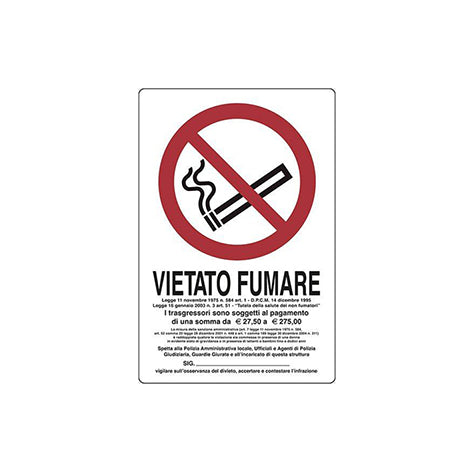 Cartello plastica "Vietato fumare, legge del..." - 300 x 200 mm.