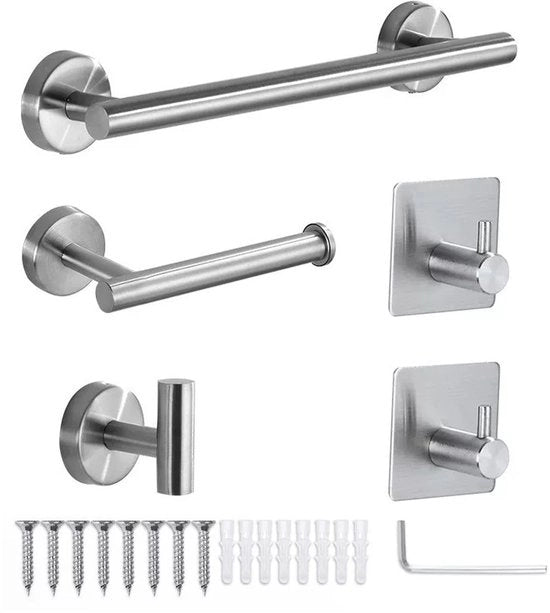 Accessori da bagno 5 pezzi - Maniglione per asciugamani - Robusto e stile - Argento - Ideale per ogni bagno