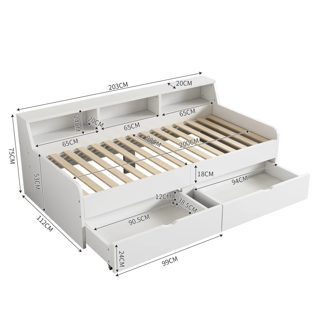 LETTO Daybed 90x200 cm con 2 cassetti e vani contenitore Bianco