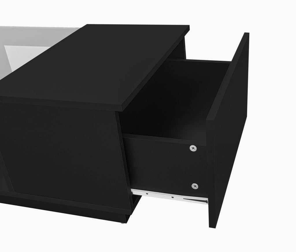 Tavolino da salotto 100x50x35;5 cm nero con LED; 2 cassetti e vano a giorno