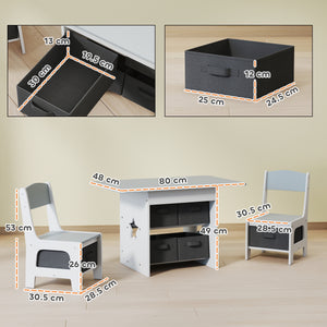 Set Tavolo e Sedie per Bambini 3-8 Anni con 6 Cassetti e Bordi Arrotondati in Legno e Tessuto Grigio e Bianco