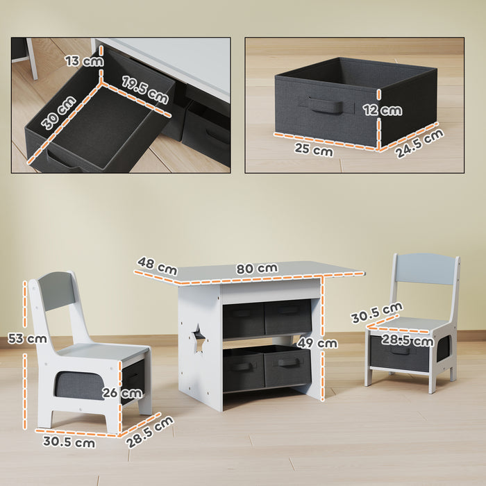 Set Tavolo e Sedie per Bambini 3-8 Anni con 6 Cassetti e Bordi Arrotondati in Legno e Tessuto Grigio e Bianco