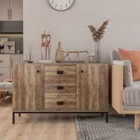 Credenza Moderna in Truciolato e Metallo con 2 Armadietti a 2 Ante con Ripiani e 3 Cassetti, 120x39.5x77 cm