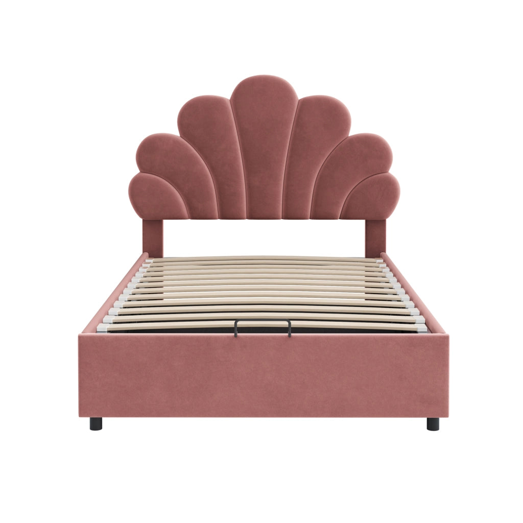 Letto imbottito 90 x 200 cm in velluto rosa con testiera floreale e contenitore