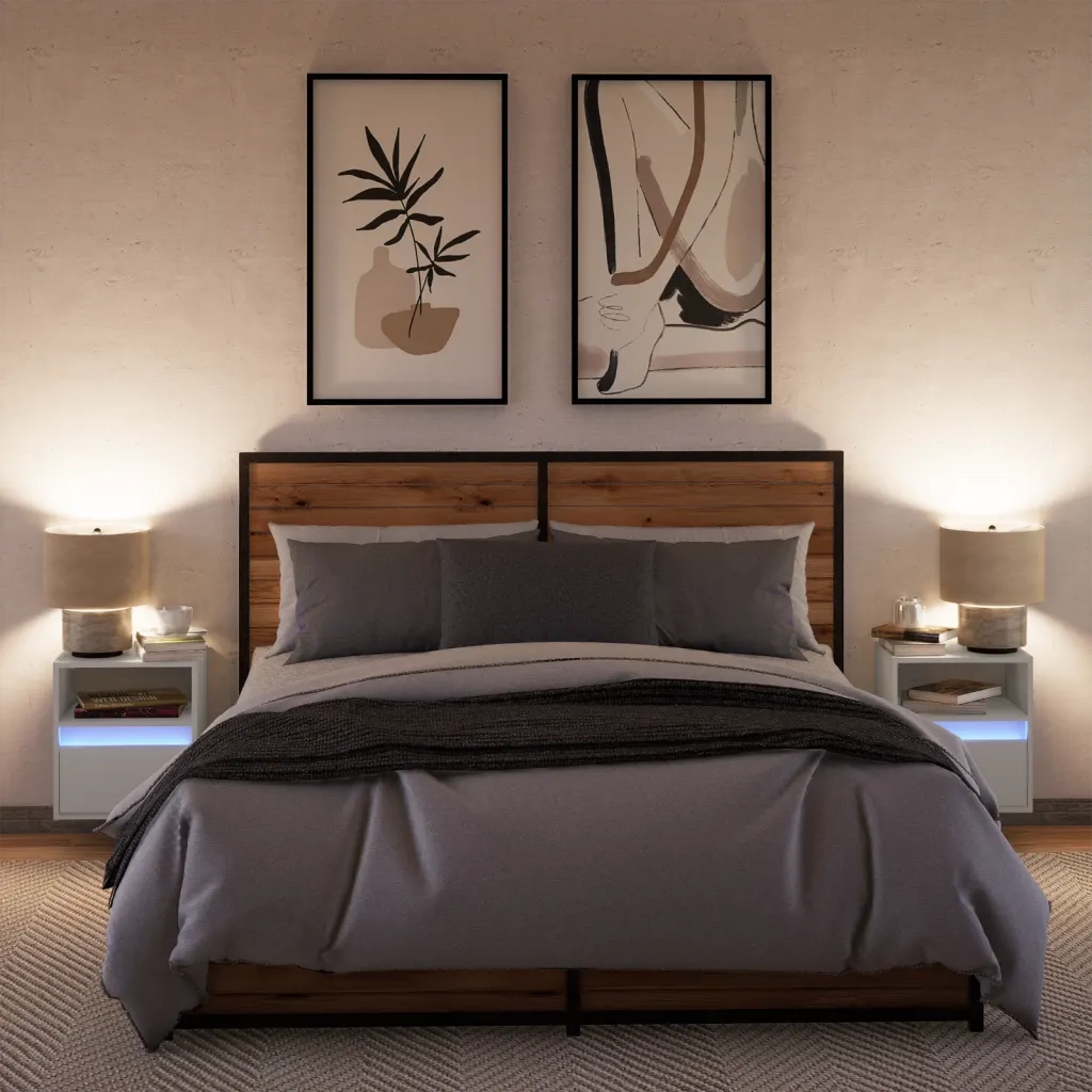 Comodini a Parete con Luci LED 2 pz Bianchi
