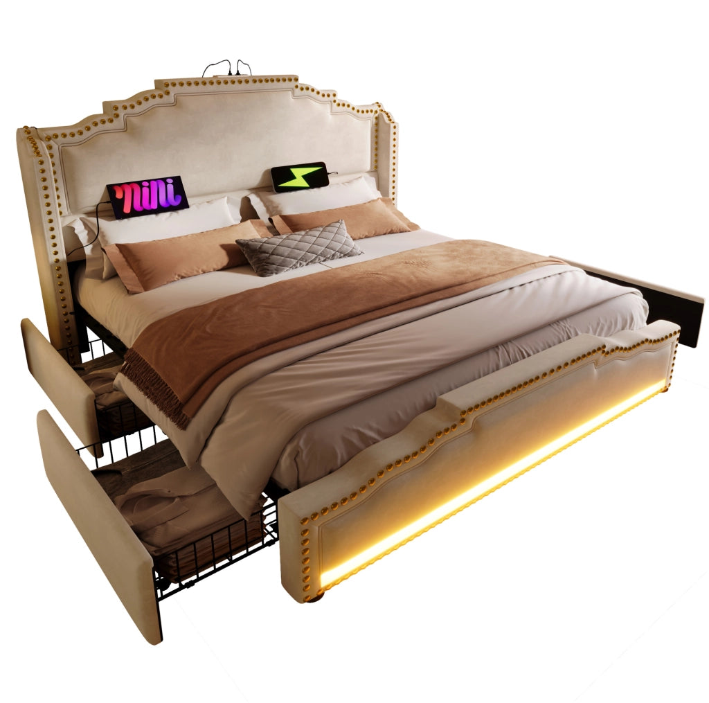 Letto matrimoniale 140x200 cm in velluto beige con LED; porte USB Type-C e 4 cassetti; con materasso