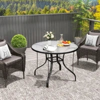 Tavolino da Giardino Rotondo con Foro per Ombrellone, in Metallo e Vetro Temperato, Ø96.5x71 cm, Nero