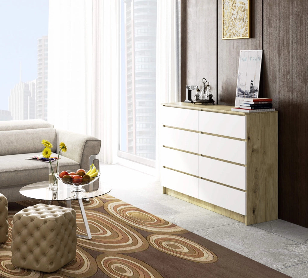 Cassettiera AKORD K140 Quercia Artisan 138 cm 8 cassetti inserto frontale Bianco 138x40x99 cm