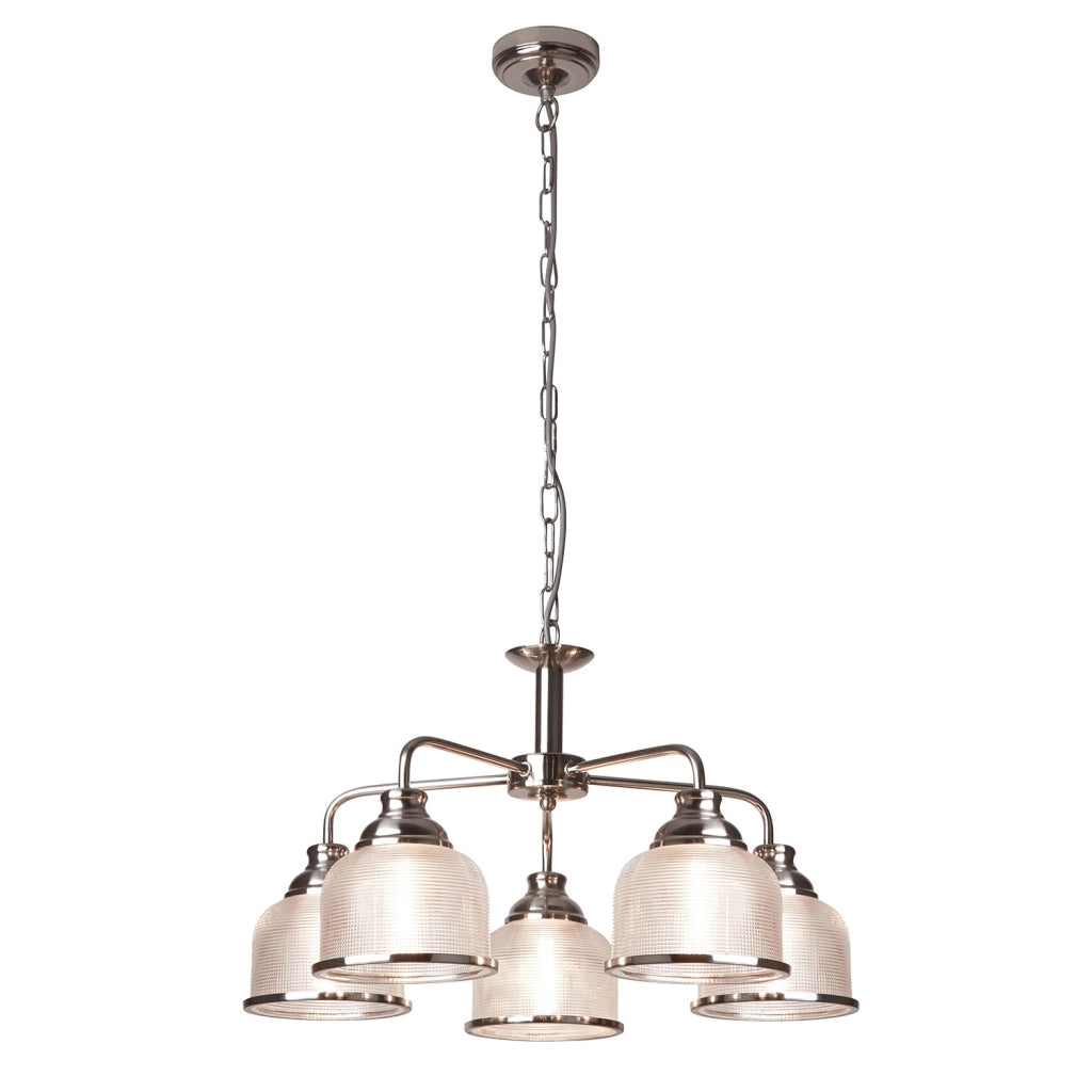 Lampadario Contemporaneo Bistrot Ii Acciaio Argento Vetro Trasparente 5 Luci E27