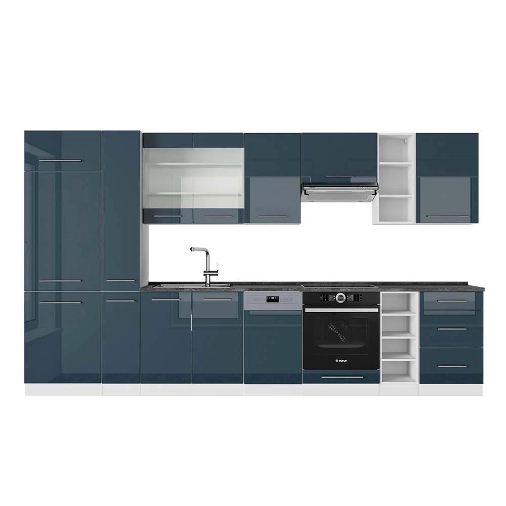 Cucina componibile Fame-Line Blu scuro lucido/Bianco 355 cm, PL Antracite Vicco