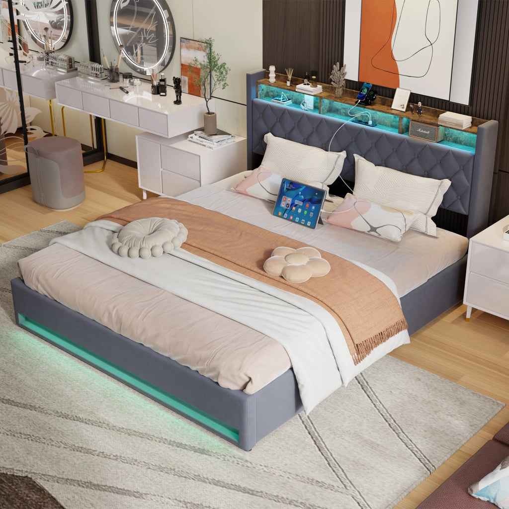 LETTO Imbottito 180 x 200 cm in Velluto Grigio con LED, USB e Contenitore