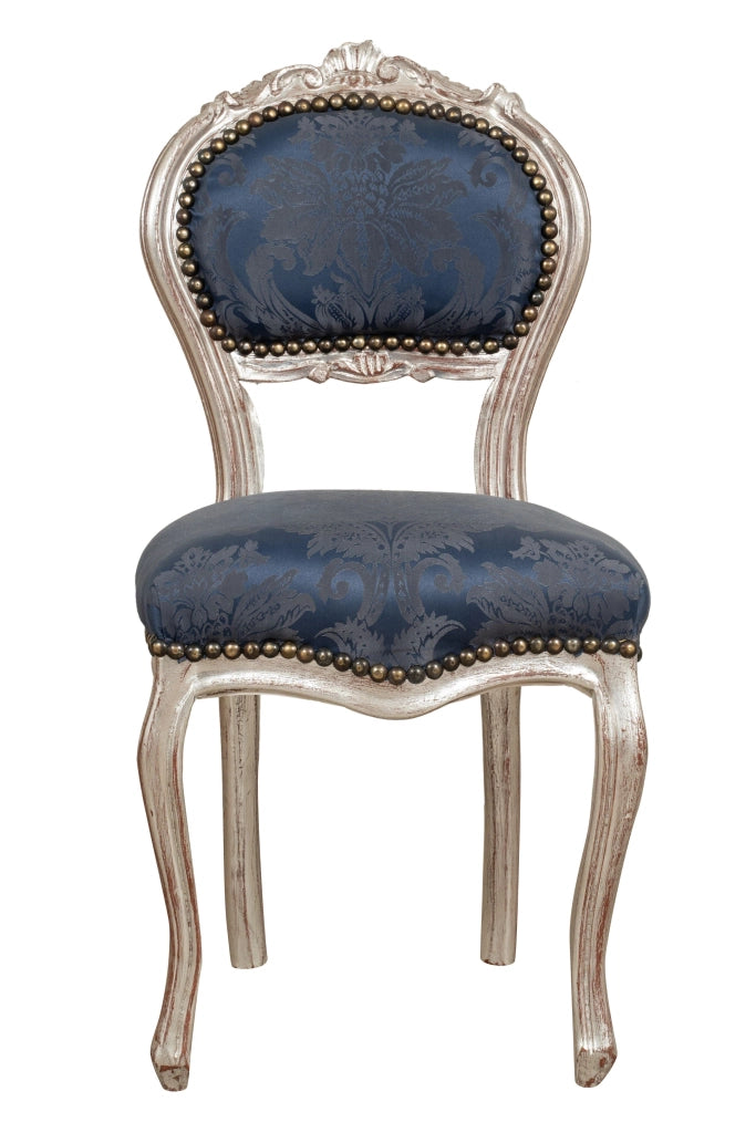 Biscottini Sedia poltroncina stile francese Luigi XVI in legno massello di faggio finitura argento e blu