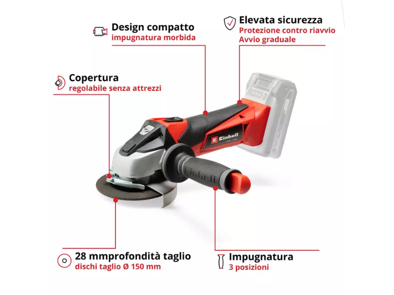 Smerigliatrice Einhell TE-AG 18/115 Li-Solo 18V disco 115mm peso 1.21Kg 8500 RPM