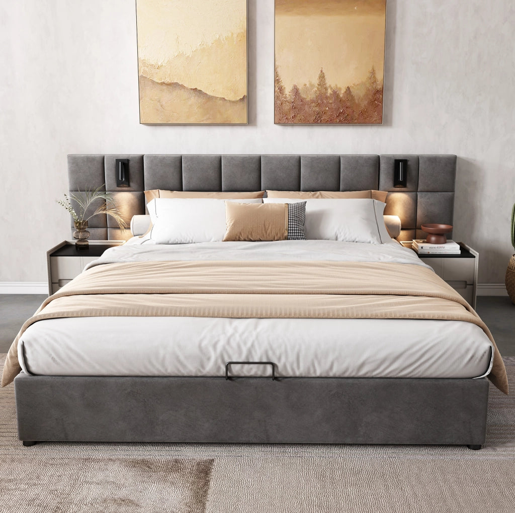 Letto imbottito 180x200 cm con contenitore, luce orientabile USB e testiera ampia