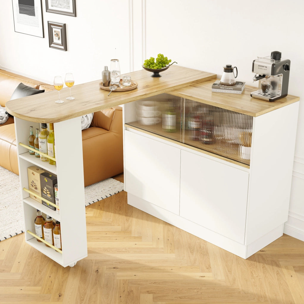 Credenza bar 90x45x100 cm girevole a 360°; con porta scorrevole in vetro; MDF bianco