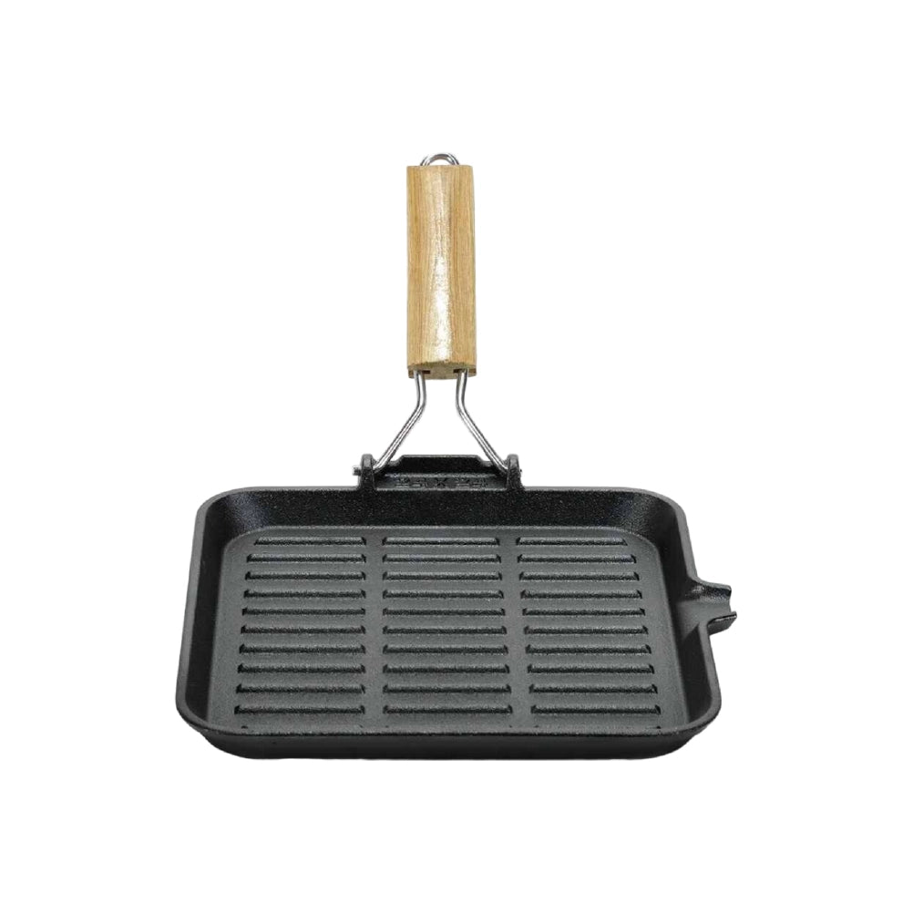 Kit 2pz Bistecchiera in Ghisa Manico Legno Pieghevole Antiaderenti 24x24 21x35 cm