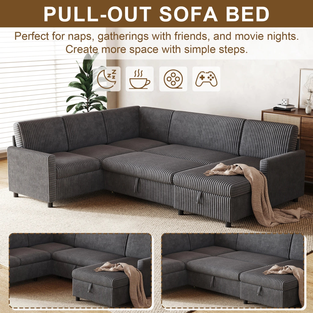 Divano panoramico a U convertibile con letto, contenitore e tessuto a coste, grigio 274 × 220 × 85 cm