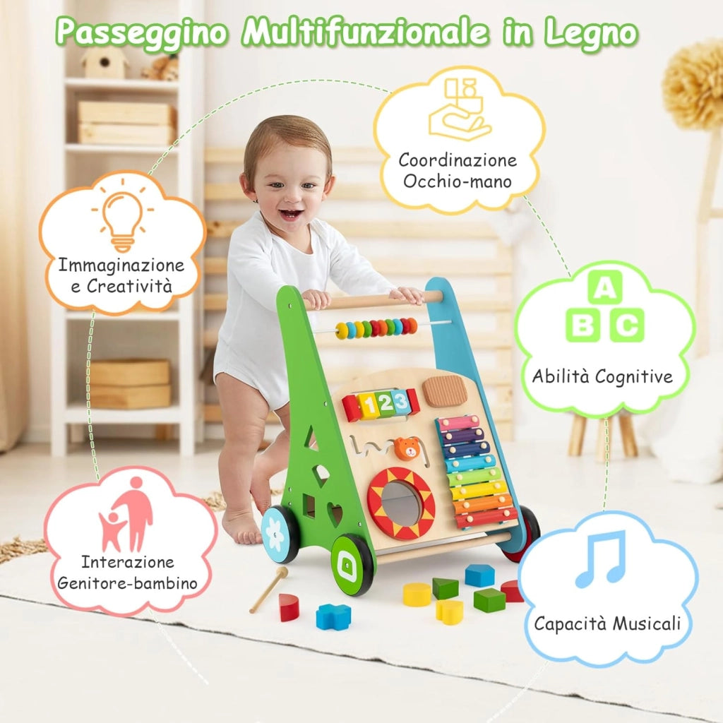 Girello in Legno per Bambini con Maniglie, Camminatore Multifunzionale per Neonati, Girello Primi Passi con Centro Attività, Giocattolo Montessori con Ruote, per Bambini 1+Anni (Colorato)