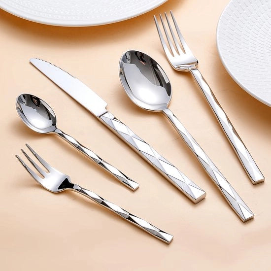 Set di cucito, set di cucito di lusso da 20 pezzi, per 4 persone, set di cucito in acciaio inox 18/10, motivo a diamante lucidato, adatto per cucina, casa, matrimoni, feste, spazzolino da vetro, resistente al lavastoviglie