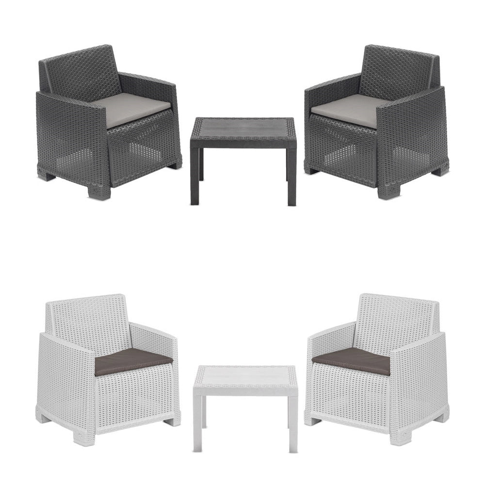Trade Shop - Set Salotto Da Giardino Con 2 Poltrone Cuscini Tavolino In Polipropilene Effetto Rattan -