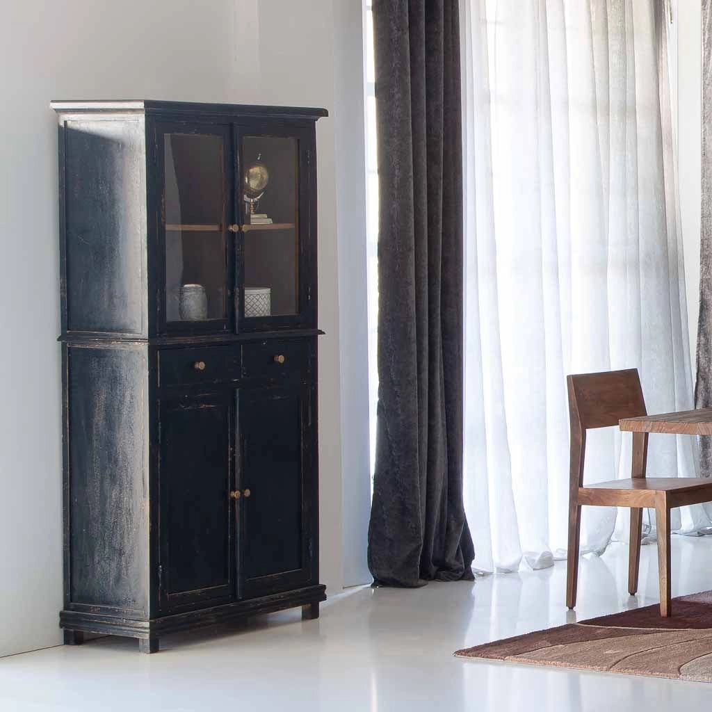 Vetrina in legno e vetro rifinita artigianalmente con 4 ante e 2 cassetti nera 85x40x180