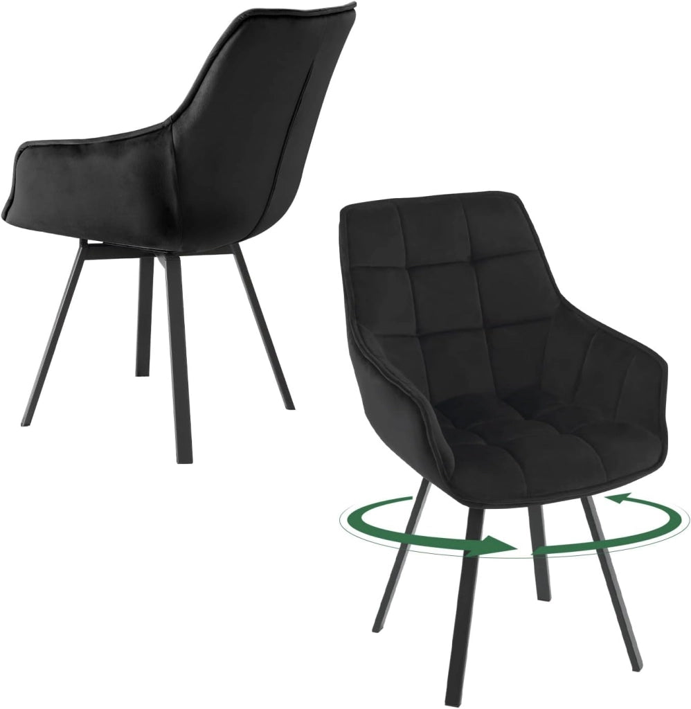 Set di 2 Sedie Sala da Pranzo, Sedie Cucina con Braccioli e Schienale, Poltroncine Girevoli con Gambe in Metallo, in Velluto, per Camera da Letto, Soggiorno, Nero