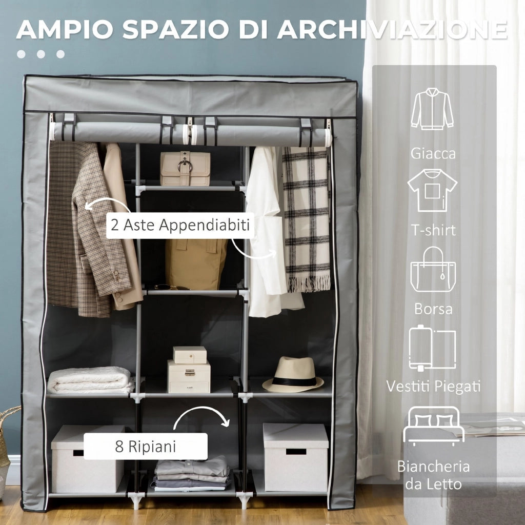 Armadio Salvaspazio con Base Rialzata 125x43x162,5 cm 8 Ripiani e 2 Barre in Tessuto non Tessuto e Acciaio Grigio Chiaro