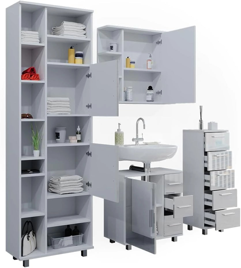 Set mobili bagno Ilias, Bianco lucido, 60 cm, composto da mobile lavabo, pensile a specchio, colonna e base media