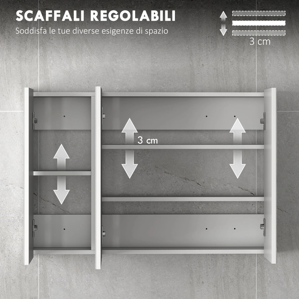 Armadietto Pensile Bagno con 3 Ante a Specchio e Ripiani Regolabili in Legno 90x13.5x60 cm, Bianco