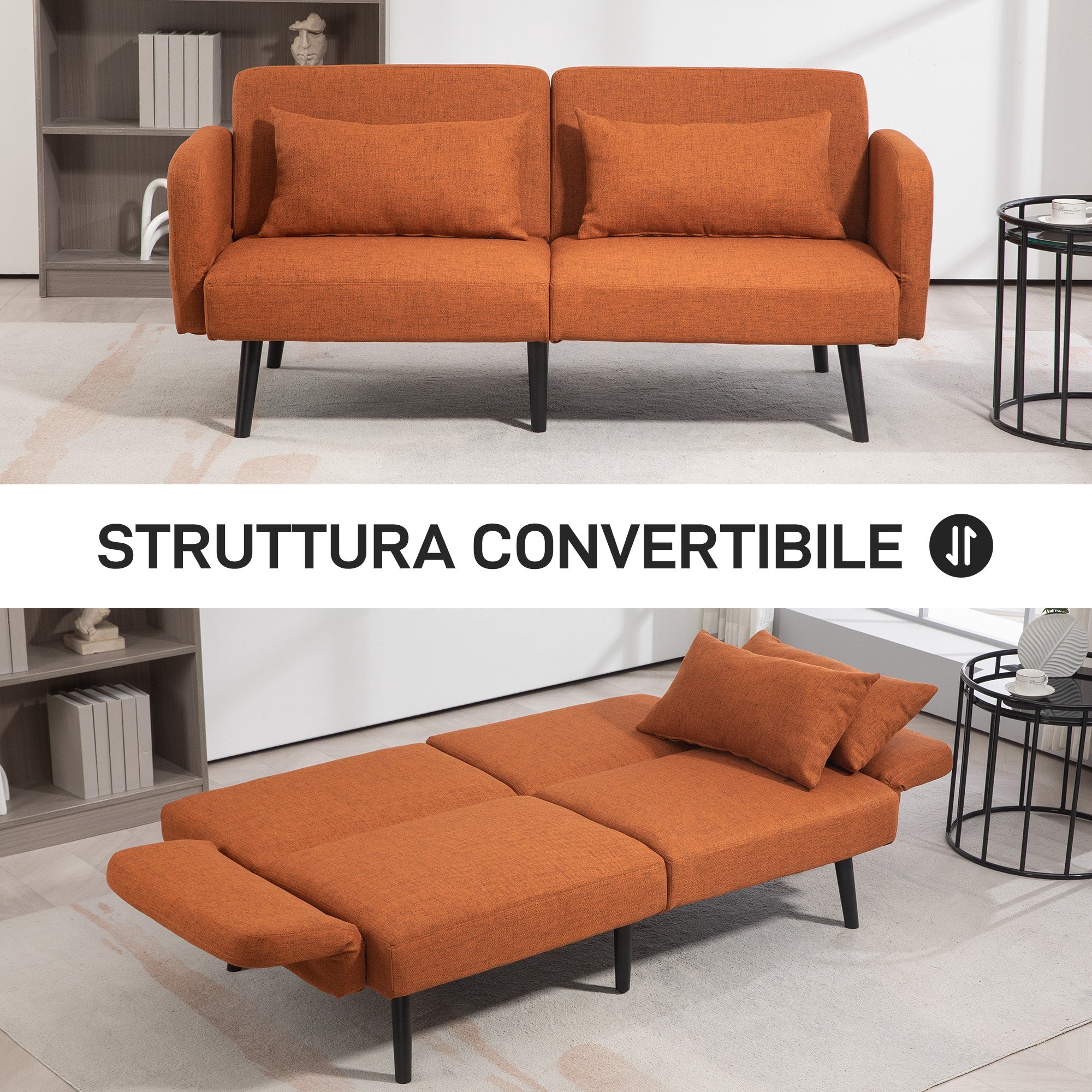 Divano Letto Singolo Clic Clac con Schienale Regolabile 170x83x80 cm in Tessuto effetto Lino Marrone