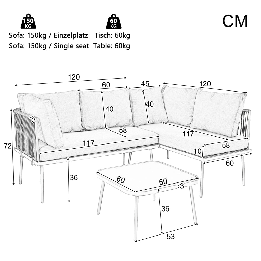 Set Lounge da Giardino Angolare ¨C MINIMAL ¨C Divano 2 Posti, Tavolo, Corda Grigia, Cuscini