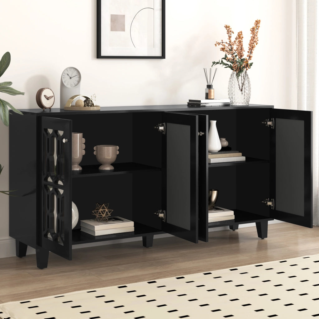 Madia nera a 4 ante con ripiani interni mobili e maniglie in vetro; 160 x 40 x 84 cm