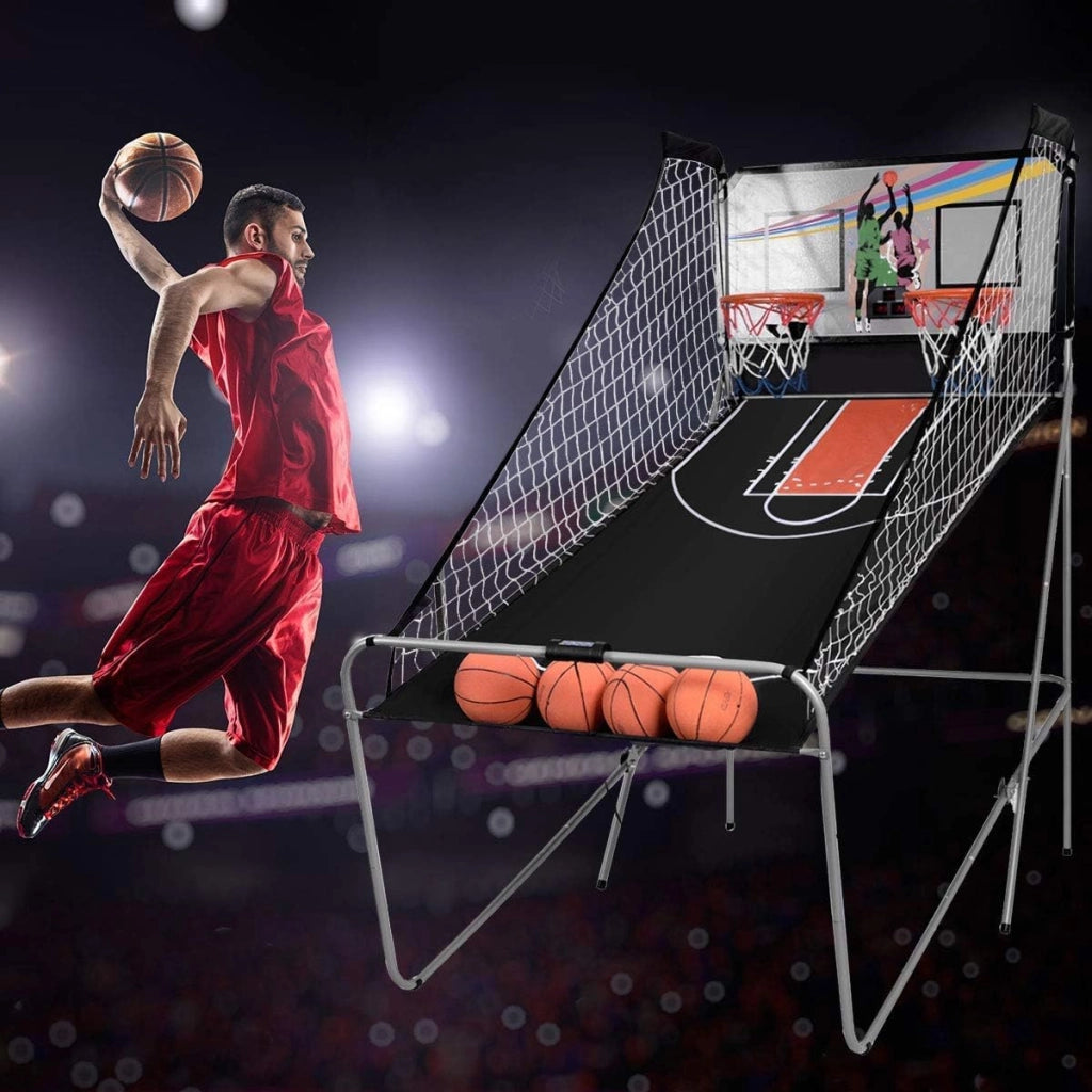 Macchina da Pallacanestro Elettronica, Canestro Basket da Camera a Doppio Tiro Pieghevole con Punteggio Elettronico, 4 Palle, 8 Modalità di Gioco e 2 Canestri (Grigio)