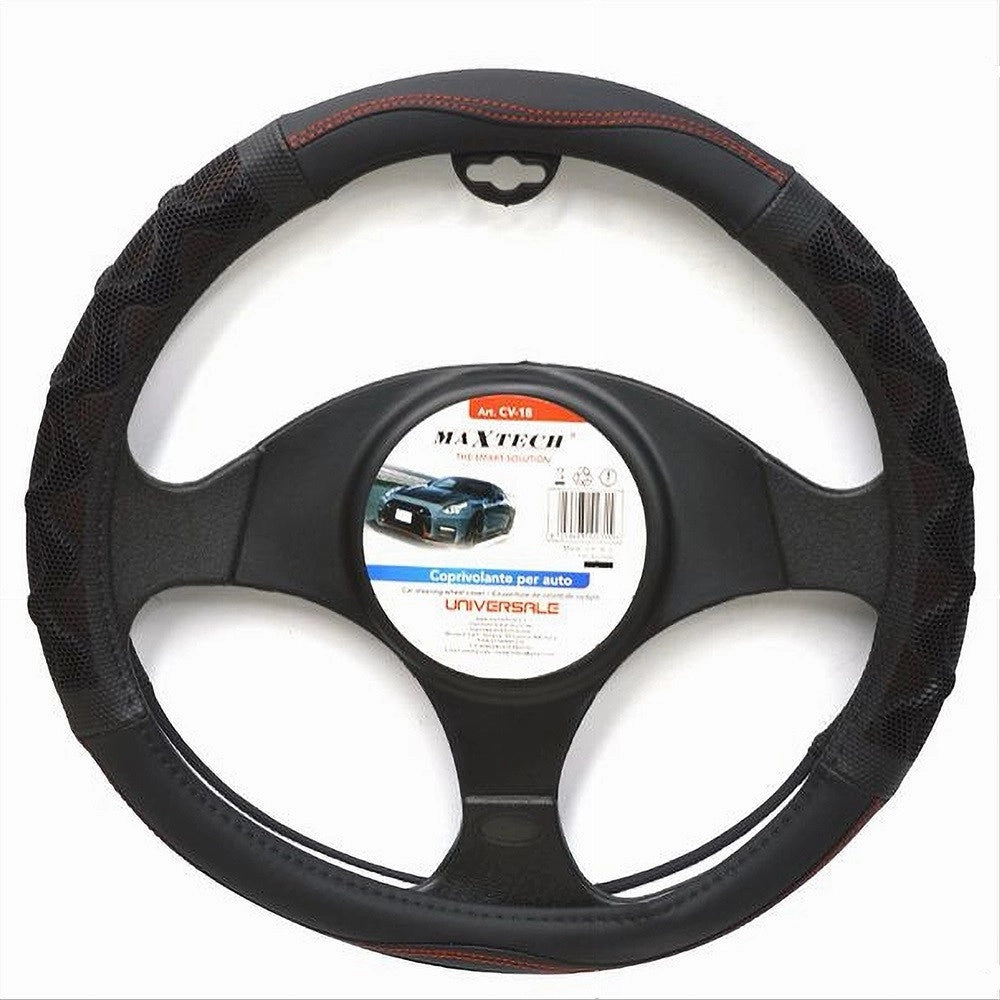 Trade Shop - Coprivolante Universale Per Auto Fodera Sterzo 38cm Nero Rosso Con Rilievo Cv-18 -