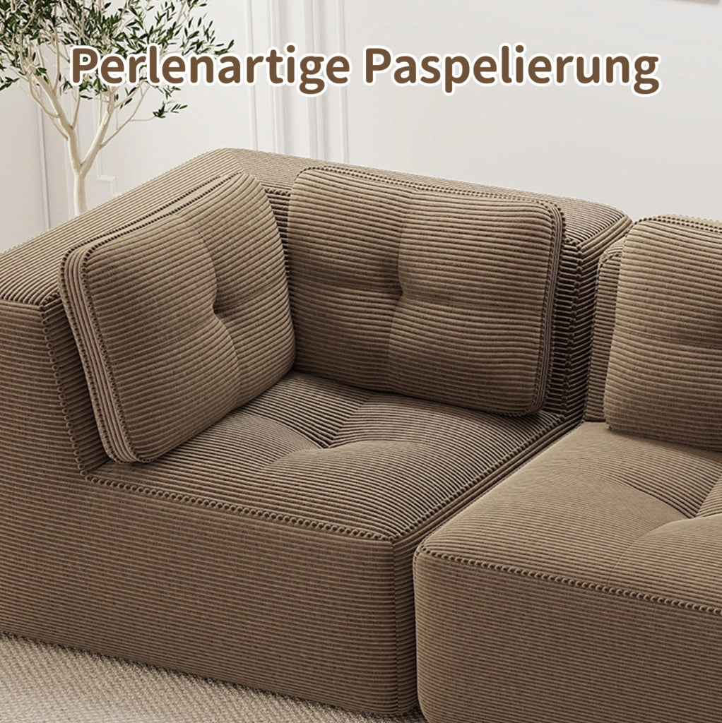 Divano angolare modulare in corduroy marrone 297x104x69 cm con seduta profonda 74 cm