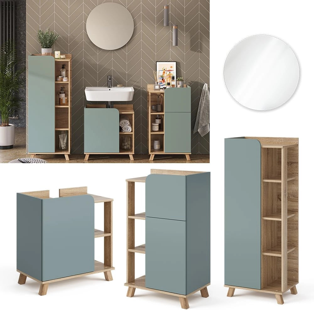 Set di mobili da bagno Karen, Sonoma/blu, 60 cm, composto da mobile lavabo, pensile a specchio, colonna e base media