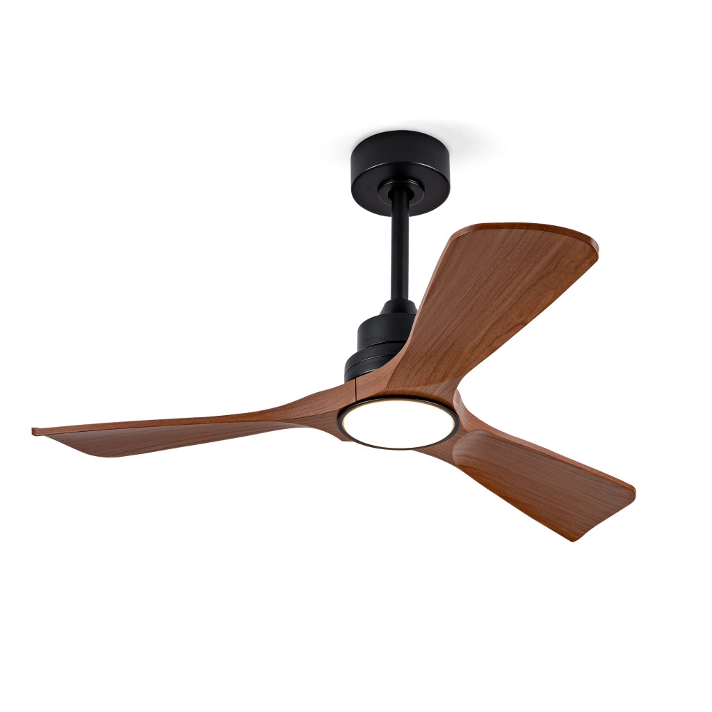 Ventilatore da soffitto con luce LED; motore DC reversibile; nero e noce scuro