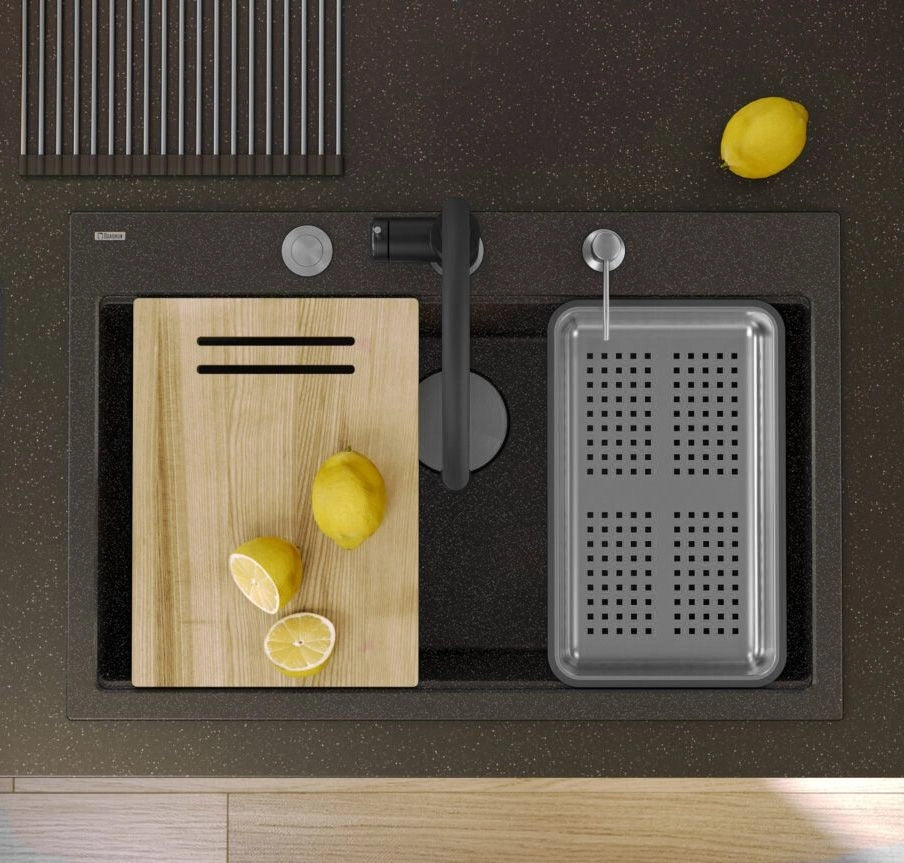 Lavello In Granito Marc 110 Workstation Black Metallic Tappo rame spazzolato