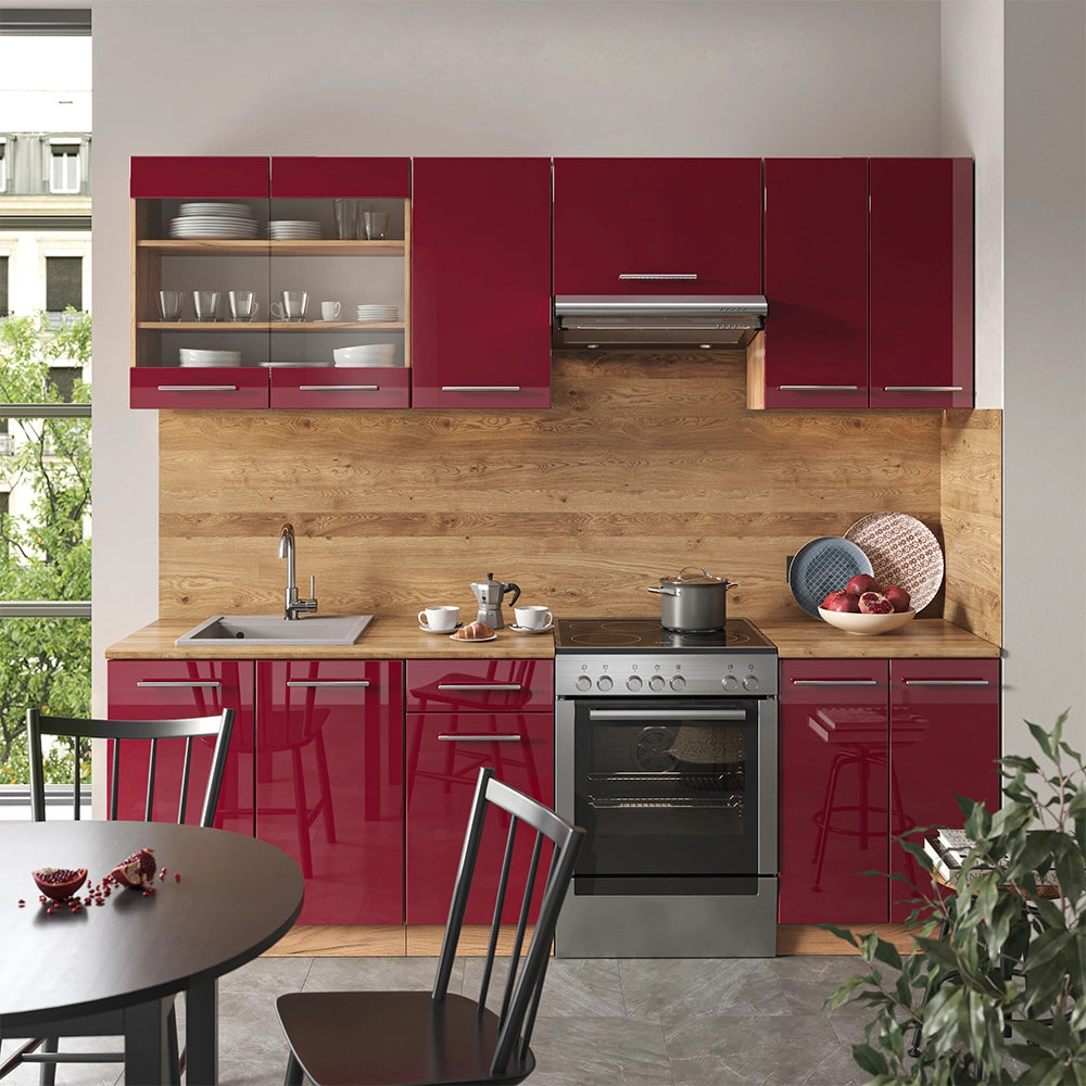 Cucina componibile Fame-Line Bordeaux lucido/Rovere dorato 240 cm, PL Marmo Vicco