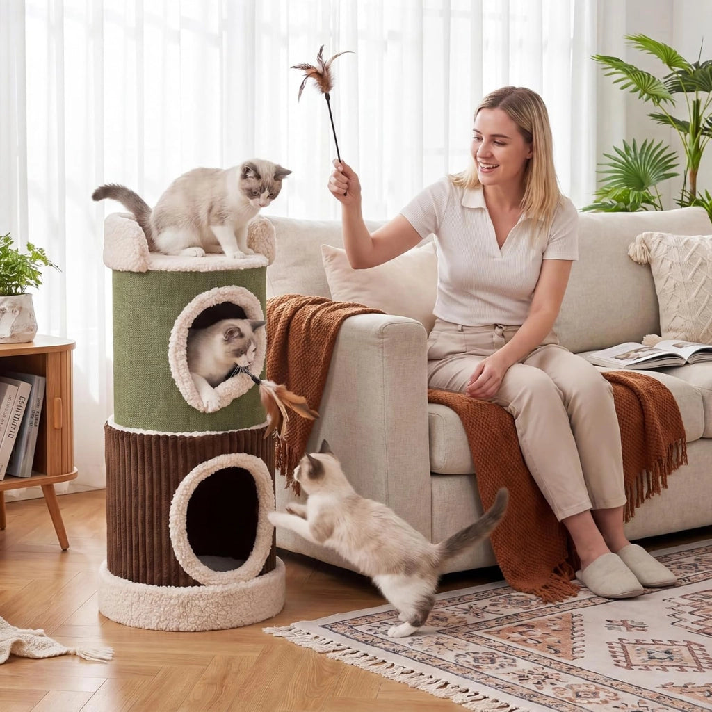 Tiragraffi per Gatti a 2 Livelli, Cuccia Cilindro in Velluto Morbido con Trespolo Superiore, 2 Casette Spaziose e Base Rotonda Rimovibile, Centro Attivitàper Gatti, 41 x 41 x 85 cm