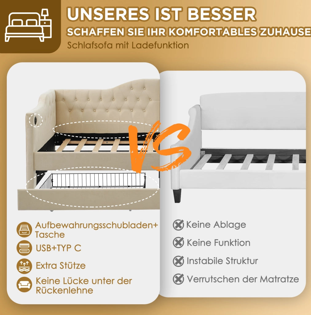 Letto daybed in velluto beige 90x200 cm con 2 cassetti; USB e Type-C