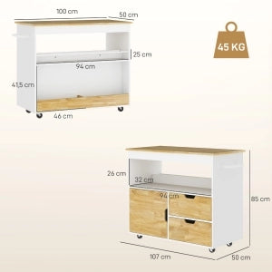 Carrello da cucina con piano di lavoro, 2 cassetti, armadietto e vano aperto, con ruote e portasciugamani, rovere
